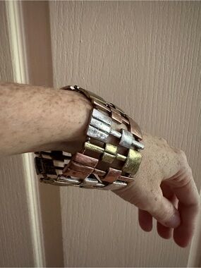 Mixed-Metal Wide Link Cuff Bracelet - Silver, Gold & Copper Tones